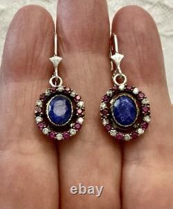 Sapphire, Ruby, Topaz, Vermeil/Silver Solid, Antique Earrings