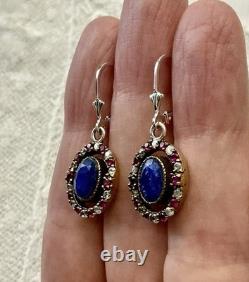 Sapphire, Ruby, Topaz, Vermeil/Silver Solid, Antique Earrings