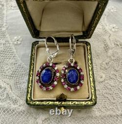 Sapphire, Ruby, Topaz, Vermeil/Silver Solid, Antique Earrings