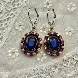 Sapphire, Ruby, Topaz, Vermeil/Silver Solid, Antique Earrings