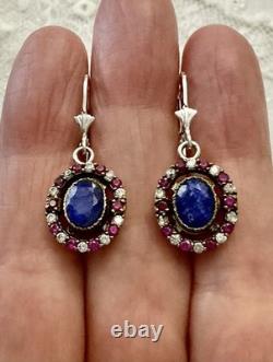 Sapphire, Ruby, Topaz, Vermeil/Silver Solid, Antique Earrings