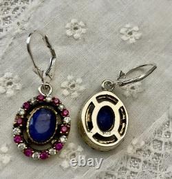 Sapphire, Ruby, Topaz, Vermeil/Silver Solid, Antique Earrings