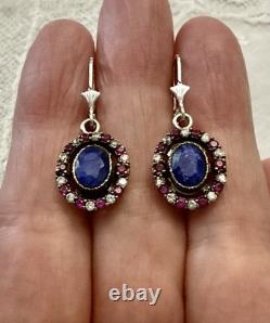 Sapphire, Ruby, Topaz, Vermeil/Silver Solid, Antique Earrings
