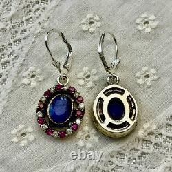 Sapphire, Ruby, Topaz, Vermeil/Silver Solid, Antique Earrings