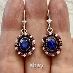 Sapphire, Ruby, Topaz, Vermeil/Silver Solid, Antique Earrings