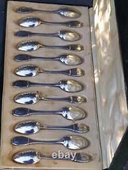 Series of 12 Solid Silver Mocha Spoons with Minerva Hallmark by Ancient Silversmith SF