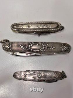 Set of 3 Antique Solid Silver Folding Pocket Knives – Floral Decoration, 83.84 g