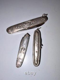 Set of 3 Antique Solid Silver Folding Pocket Knives – Floral Decoration, 83.84 g