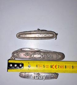 Set of 3 Antique Solid Silver Folding Pocket Knives – Floral Decoration, 83.84 g