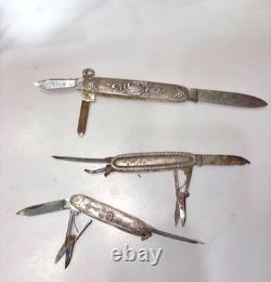 Set of 3 Antique Solid Silver Folding Pocket Knives – Floral Decoration, 83.84 g