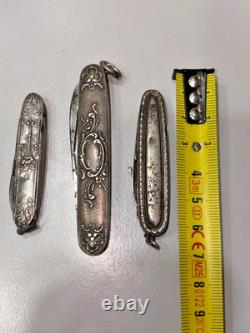 Set of 3 Antique Solid Silver Folding Pocket Knives – Floral Decoration, 83.84 g