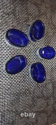 Set of 5 antique salt shakers in cobalt blue crystal and 800 sterling silver