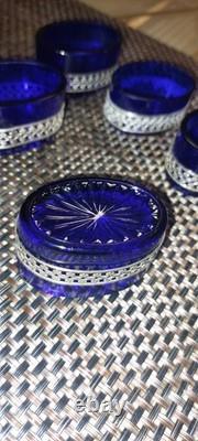 Set of 5 antique salt shakers in cobalt blue crystal and 800 sterling silver