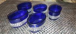 Set of 5 antique salt shakers in cobalt blue crystal and 800 sterling silver