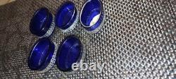 Set of 5 antique salt shakers in cobalt blue crystal and 800 sterling silver