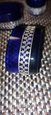 Set of 5 antique salt shakers in cobalt blue crystal and 800 sterling silver