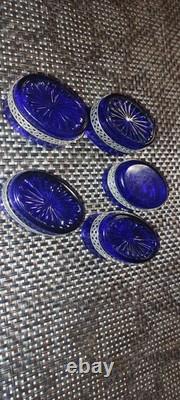 Set of 5 antique salt shakers in cobalt blue crystal and 800 sterling silver