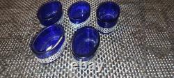 Set of 5 antique salt shakers in cobalt blue crystal and 800 sterling silver