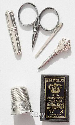 Silver Old Necessary Sewing Miniature Walnut Scissors Walnut Sewing Box