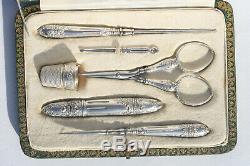 Silver Old Sewing Kit Hook Punch Embroidery Scissors Sewing Case