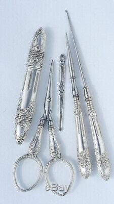 Silver Old Sewing Kit Hook Punch Embroidery Scissors Sewing Case