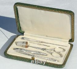Silver Old Sewing Kit Hook Punch Embroidery Scissors Sewing Case