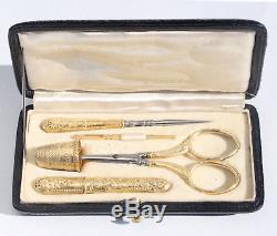 Silver Vermeil Gold Old Sewing Necessary Embroidery Punch Scissors Nineteenth