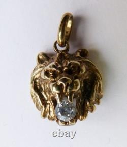 Small antique lion pendant in vermeil sterling silver and rhinestones