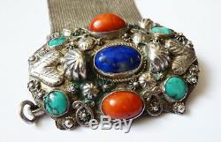 Solid Silver Antique Bracelet + Turquoise + Coral + Ethnic Lapis Silver