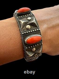 Solid Silver Bracelet Ethnic Coral Vintage Art Deco Antique