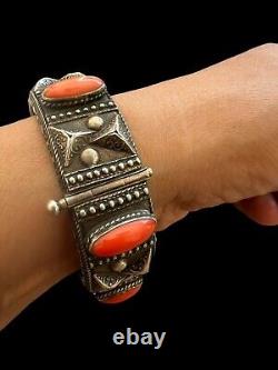 Solid Silver Bracelet Ethnic Coral Vintage Art Deco Antique