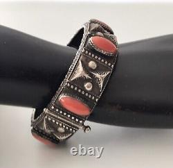 Solid Silver Bracelet Ethnic Coral Vintage Art Deco Antique