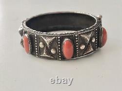 Solid Silver Bracelet Ethnic Coral Vintage Art Deco Antique