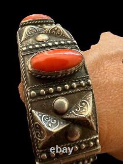 Solid Silver Bracelet Ethnic Coral Vintage Art Deco Antique
