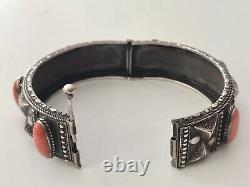 Solid Silver Bracelet Ethnic Coral Vintage Art Deco Antique
