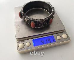 Solid Silver Bracelet Ethnic Coral Vintage Art Deco Antique