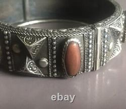 Solid Silver Bracelet Ethnic Coral Vintage Art Deco Antique
