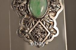 Solid Silver Chinese Antique Art Deco Jade Brooch