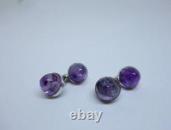 Solid Silver Cufflinks And Cabochons Amethysts, Ancient 1900s