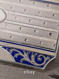 Solid Silver Foreign Guilloche and Blue Enamel Box (935) Antique