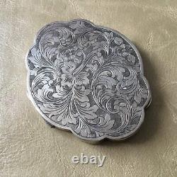 Solid Silver Powder Box with Chiseled Floral Antique Decoration