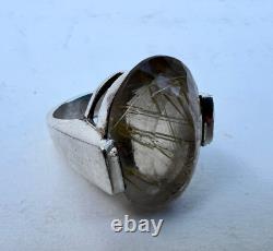Solid Silver Ring with Rutilated Quartz Stone Inclusions 1960-70 Antique Jewelry