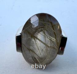 Solid Silver Ring with Rutilated Quartz Stone Inclusions 1960-70 Antique Jewelry