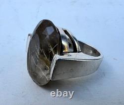 Solid Silver Ring with Rutilated Quartz Stone Inclusions 1960-70 Antique Jewelry