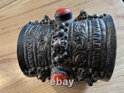 Solid Silver and Antique Coral Kabyle Cuff Bracelet from Beni Yenni