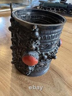 Solid Silver and Antique Coral Kabyle Cuff Bracelet from Beni Yenni