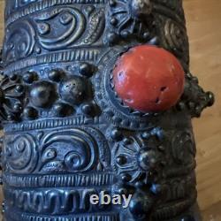 Solid Silver and Antique Coral Kabyle Cuff Bracelet from Beni Yenni