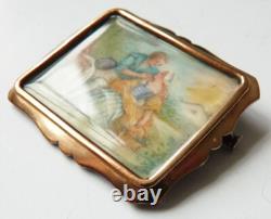 Solid silver brooch with miniature painting, antique jewelry