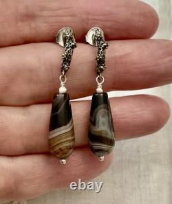 Solid silver carved agate, creator of antique earrings