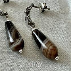 Solid silver carved agate, creator of antique earrings